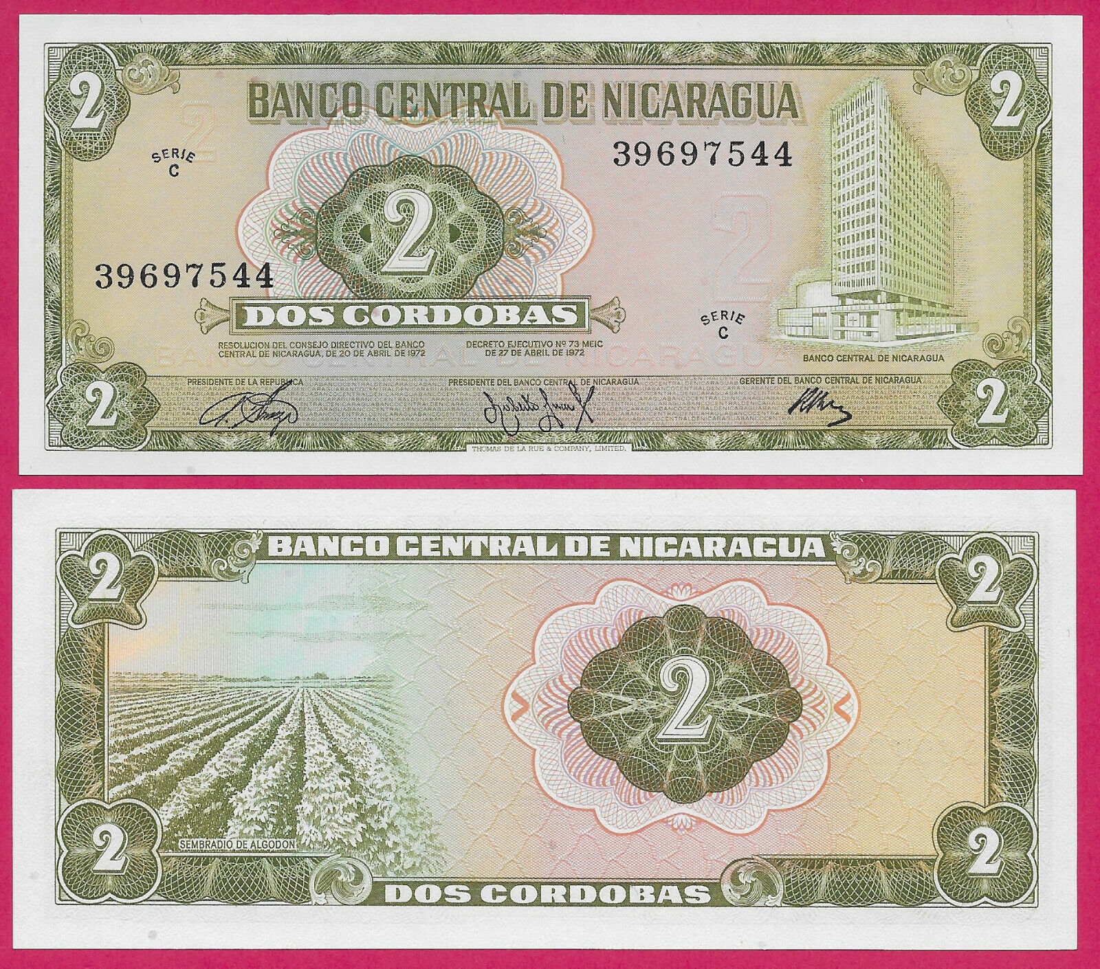 Nicaragua 2 Cordobas 1972 Unc Sembradio De Algodon-cotton Field,bank Of Nicaragu