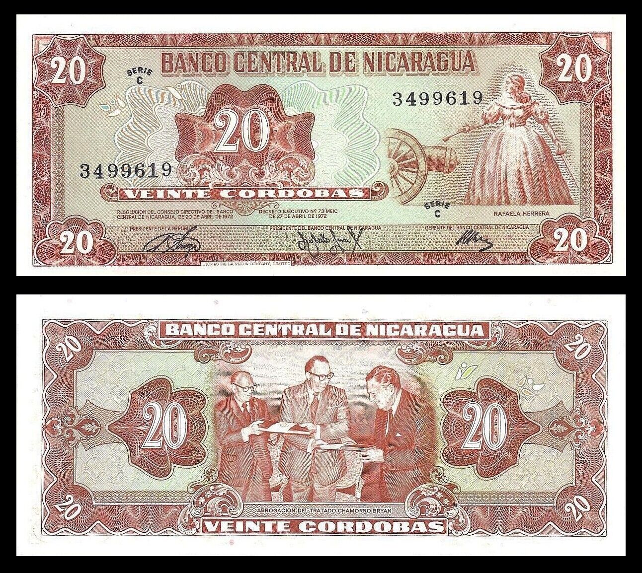 Nicaragua 20 Cordobas D. 1972 P-124 Series C Unc Uncirculated Banknote